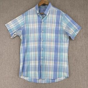 IZOD Shirt Mens Large Blue Plaid Short Sleeve Button Down Stretch Casual Pocket